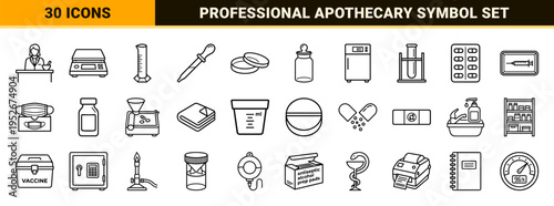 Pharmacist Compounding and Clinical Pharmacy Monoline Symbols featuring Minimalist Apothecary Tools and Medical Laboratory Equipment Outline Graphics