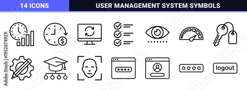 Cybersecurity and User Management Monoline Symbols Featuring Biometric Authentication Network Security and Interface Control Technical Line Art