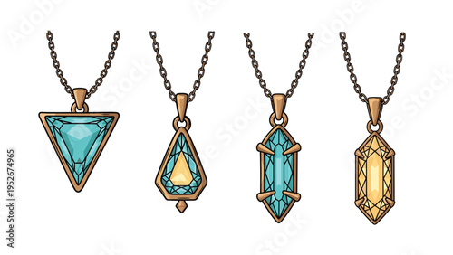 Four elegant gold necklaces feature different geometric blue and yellow gemstone pendants suspended from thin chains.
