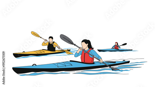 Group of people in kayaks paddle across the water surface during a bright daytime outdoor recreational activity.