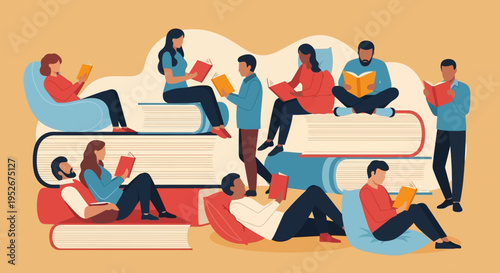 Diverse Group of People Joyfully Reading Books and Learning in a Cozy, Conceptual Library Space