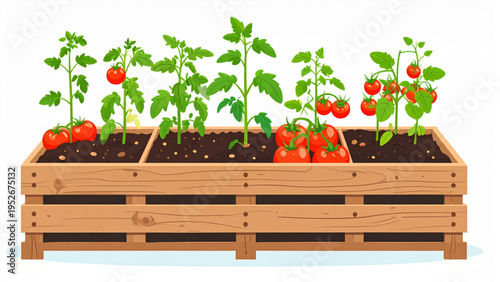 Tomato plant development process from seed to ripe vegetable in wooden crate flat vector illustration isolated on white background for farming industry
