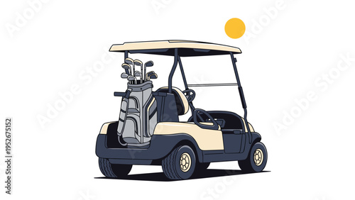 Modern white golf cart with a bag of clubs in the back is parked under a bright yellow sun on a clear day on a golf course.