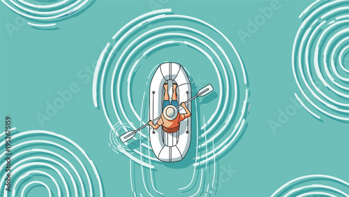 High angle view captures a person wearing a straw hat rowing a white inflatable boat on turquoise rippling water.