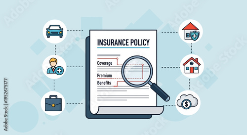 Detailed Insurance Policy Document with Coverage Icons for Car, Home, Health, and Finance on a Light Blue Background