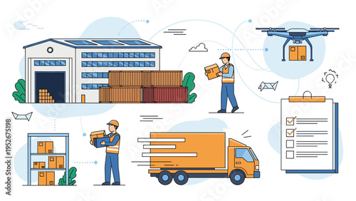 Logistic warehouse infographic shows workers, shipping containers, delivery trucks, and drones for modern package handling.