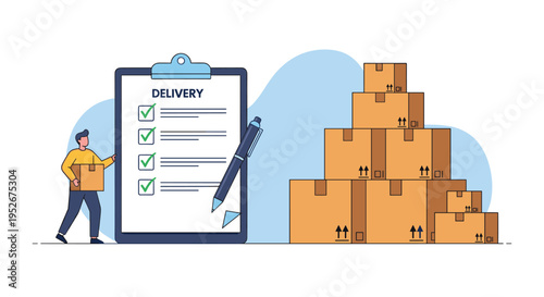 Logistics and package delivery concept with a courier holding a box next to a clipboard checklist and a stack of cartons.