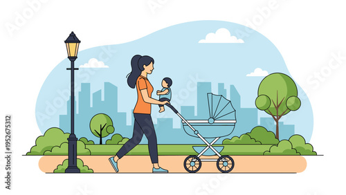 Mother in casual clothes pushing a baby stroller along a park path with city skyscrapers and green trees in the background for family leisure.