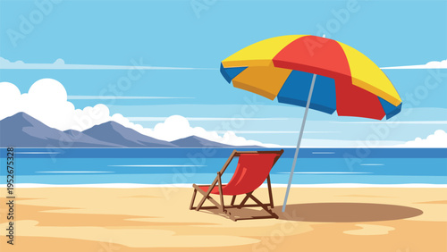 Tropical beach landscape features a red lounge chair under a vibrant colorful umbrella on a sunny day with blue sky.