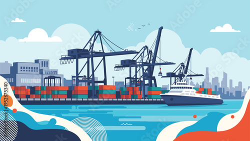 Large cargo ship docked at a modern container port with tall cranes and stacked colorful shipping containers against an urban city skyline.