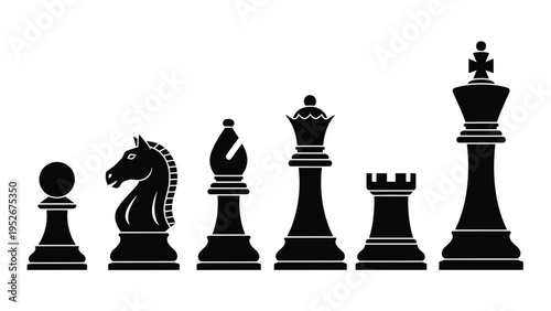 Collection of classic chess piece silhouettes includes pawn, knight, bishop, queen, rook, and king arranged in a horizontal line.