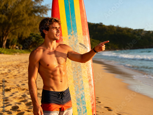 A young man stands on a sandy beach, shirtless and smiling as he points towards the ocean waves during sunset. His vibrant surfboard leans beside him, capturing the lively atmosphere