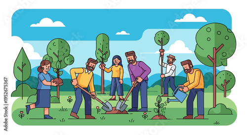 Diverse Group of Happy People Planting Trees and Watering Seedlings in an Outdoor Park on a Sunny Day