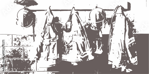 A woodcut vector illustration of a group of people standing by an old wooden fence in a forest near a festive Christmas city drawing