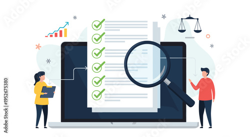 Online document verification and verification concept featuring people checking a list on a laptop screen with a magnifier.