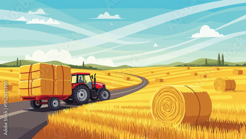 Red tractor travels along a road through golden harvest fields carrying large rectangular hay bales on a flatbed trailer.