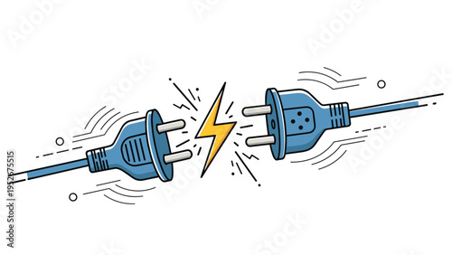 Two blue electrical plugs spark with a yellow lightning bolt as they are disconnected in a dynamic conceptual illustration.