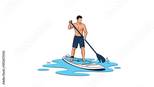 Athletic man in swim shorts stands on a white paddleboard and uses a long black paddle to navigate across blue water.