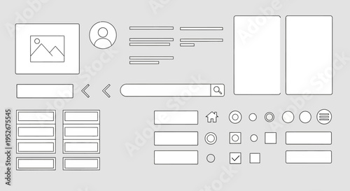 Web Design Wireframe Elements for User Interface with Navigation and Input Fields on an Isolated White Background
