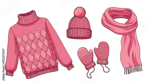Set of warm pink winter accessories includes a turtleneck sweater, pom-pom hat, long scarf, and patterned mittens.