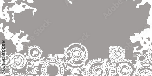 Abstract grunge floral background featuring industrial gear cogs and mechanical engineering elements for a technological business concept