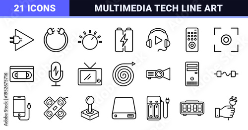 Multimedia Power and Connectivity Linear Symbols with Neo-Line Aesthetic for Technical Interface Design and Digital Media Applications.