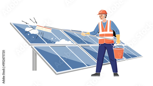 Solar Panel Maintenance: A worker meticulously cleans solar panels with specialized equipment. A beacon of sustainability and environmental responsibility, as clean energy initiatives thrive.