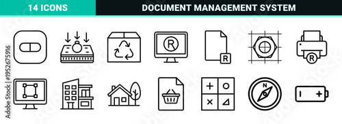 Technical Monoline Typography and Document Management Interface Symbols Featuring Minimalist File Organization and Desktop Publishing Elements