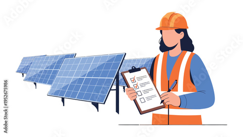 Solar Panel Inspection: A dedicated professional meticulously inspects an array of solar panels, ensuring optimal performance and efficiency, while embracing a future powered by sustainable energy.