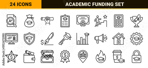 Higher Education Financial Aid Monoline Outline Symbols for Scholarship Programs University Funding and Student Tuition Loan Management