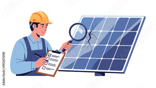 Solar Panel Inspection: A skilled technician, equipped with a magnifying glass and clipboard, meticulously examines a damaged solar panel.