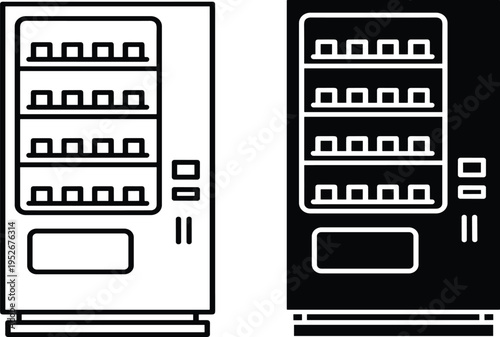 Snack vending machine outline and negative icon set, automated retail dispenser vector illustration isolated for kiosk interface, self service technology and modern vending system concept