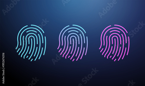 3 fingerprints in blue, blue-pink gradient, pink, scanning progress effect. Biometric scanning process, identity verification, progressive fill visualization concept.