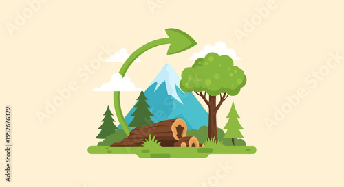 Sustainable illustration of environmental conservation with green recycling arrow circling mountains, a forest tree, and cut logs, conveying eco-friendliness.