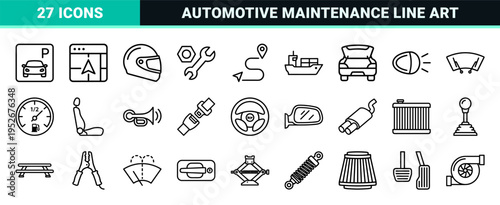 Automotive Logistics and Transportation Monoline Symbols Featuring Clean Technical Outlines for Vehicle Maintenance and Travel Navigation