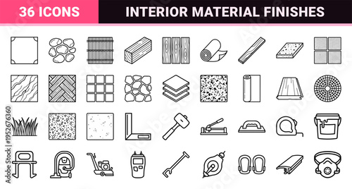 Professional Surfacing and Flooring Materials Monoline Icon Set featuring Minimalist Outline Symbols for Interior Design and Construction Graphics