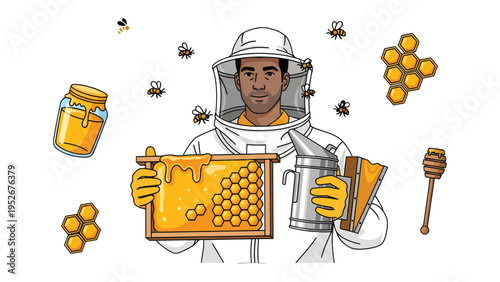 Beekeeper's Harvest: An illustrated beekeeper, confidently tending to his honeycomb, symbolizes the harmonious connection between humans and nature, dedicated to honey production.