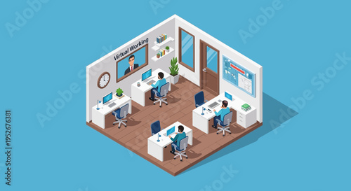 Isometric view of people efficiently working remotely in a virtual office environment with screens and digital tools in a bright studio.