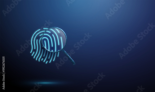 3d blue fingerprint under magnifying glass. Biometric analysis, identity verification,, authentication process, security check, detailed scan examination concept.