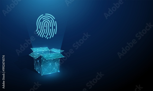 3d fingerprint above open box. Secure storage, protected personal data, biometric access control, authentication verification, identity safeguarding, digital vault concept.