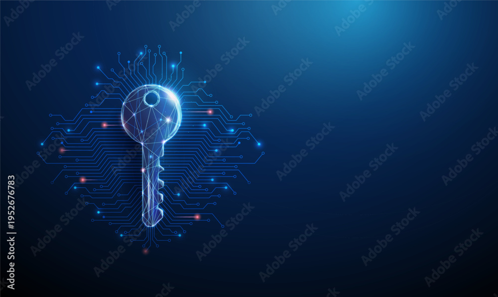 Αυτοκόλλητο 3d blue digital key with background made of microchip circuit lines