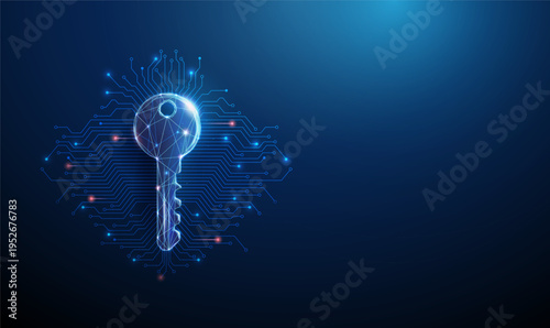 3d blue digital key with background made of microchip circuit lines. Cyber security access, encryption technology, digital authentication, secure data protection, blockchain identity concept.