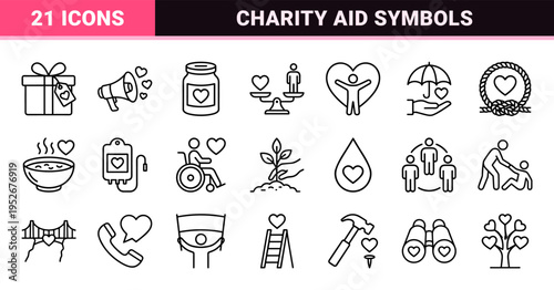 Humanitarian Aid and Charity Volunteer Monoline Symbols for Social Support Projects Featuring Minimalist Black Outline Design and High Legibility