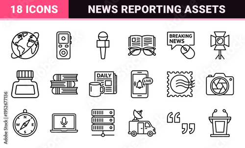 Professional Journalism and News Media Monoline Symbols, Editorial Publishing Technical Outline Assets for Digital and Print Broadcasters.