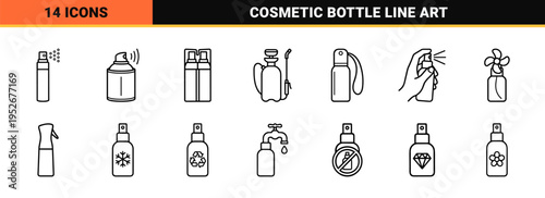 Dermatological Spray and Cosmetic Packaging Monoline Symbols featuring Technical Line Art for Skincare and Beauty Product Interface Design