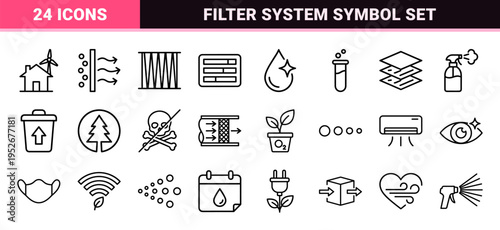 Air Purification and HVAC Filtration System Symbols in Technical Monoline Aesthetic for Industrial Clean Room and Home Wellness Applications