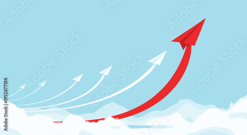 Business competition and leadership concept featuring several white paper planes and one red plane leading the upward way.