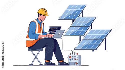 Solar Panel Technician: A skilled technician, clad in safety attire, diligently monitors and analyzes the performance of solar panels, embodying the innovative spirit of sustainable energy.