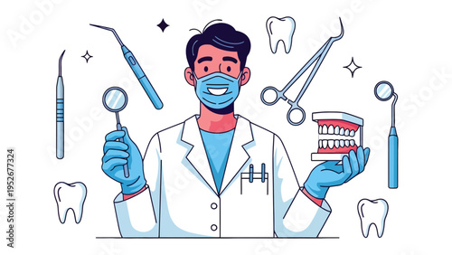 Dentist and Dental Instruments: A dentist stands proudly, surrounded by essential dental instruments, representing a commitment to oral health and patient care.