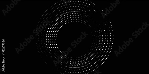 White vector halftone dots in spiral form. Geometric art. Segmented circle. Circular shape. Trendy design element for border frame, round logo, tattoo, sign, symbol, badge, emblem, web pages